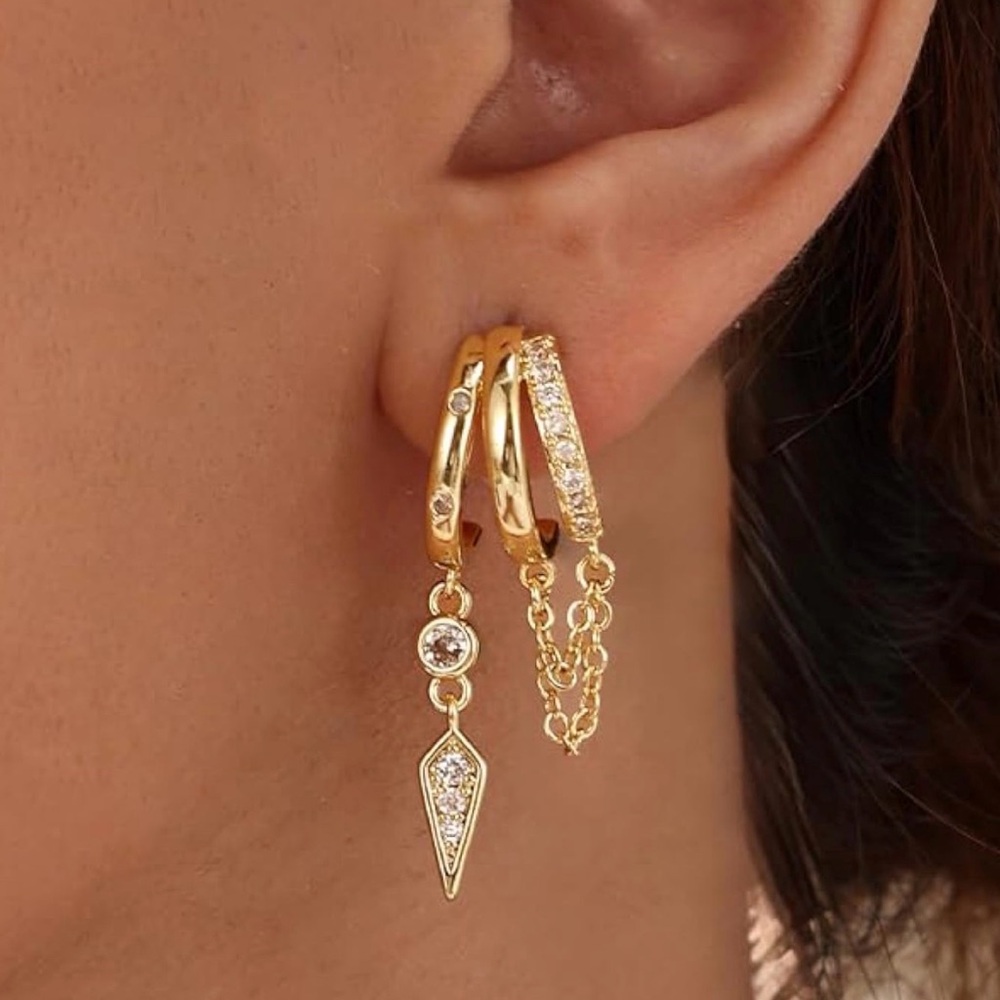 NEW 14k Gold Plated Triple Huggie Stud Earrings Dainty Drop Earrings